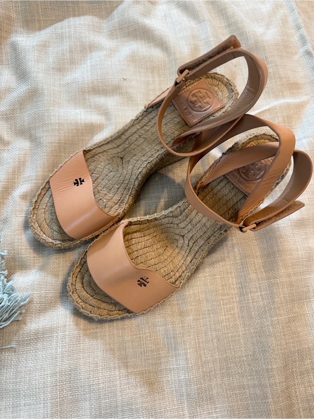 Tory Burch Blush Tan Leather Espadrille Sandals